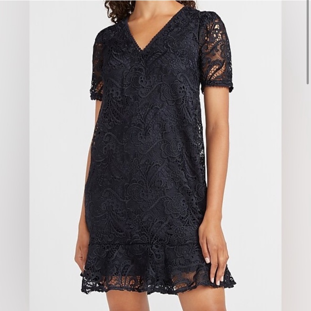 Express Navy Lace Dress size L vneck raffle hem